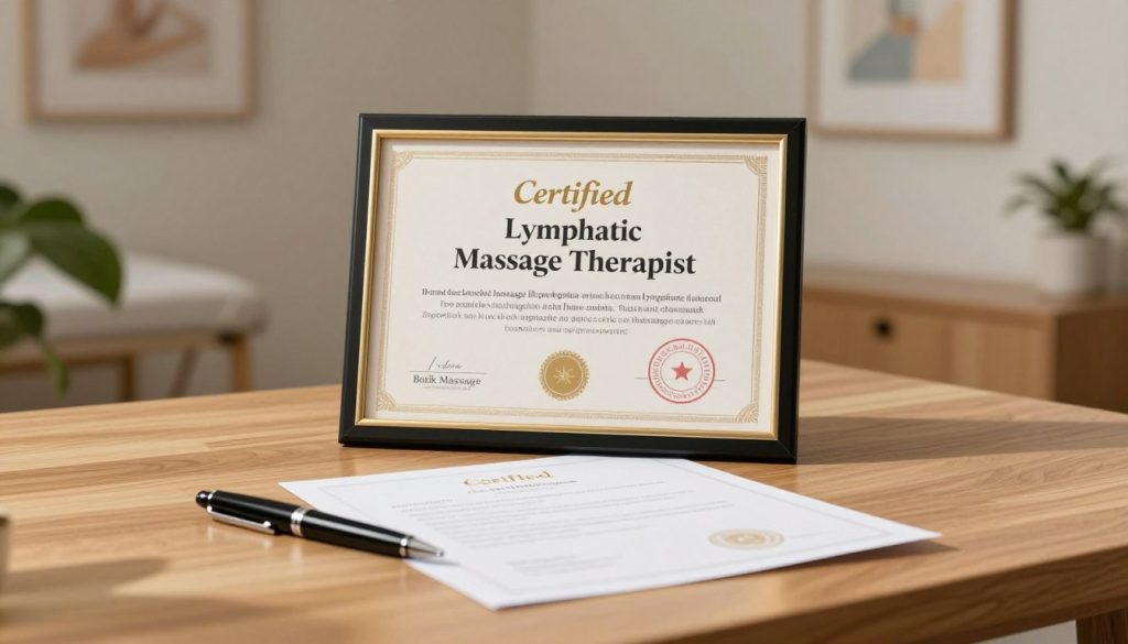 A professional lymphatic massage therapist's credential verification scene, featuring a neatly arranged credential certificate on a wooden desk. The foreground includes a polished black pen beside the certificate, with soft shadows cast by warm, natural lighting. In the middle, an elegant framed certificate reads "Certified Lymphatic Massage Therapist" with the name "Butik Massage" at the bottom, embossed in gold. The background shows a serene clinic environment with soft green plants and soothing artwork on the walls. The mood is calm and trustworthy, inviting potential clients to inquire about qualifications with a sense of professionalism and care. The scene captures attention without distractions, reinforcing the importance of certified qualifications. A professional lymphatic massage therapist's credential verification scene, featuring a neatly arranged credential certificate on a wooden desk. The foreground includes a polished black pen beside the certificate, with soft shadows cast by warm, natural lighting. In the middle, an elegant framed certificate reads "Certified Lymphatic Massage Therapist" with the name "Butik Massage" at the bottom, embossed in gold. The background shows a serene clinic environment with soft green plants and soothing artwork on the walls. The mood is calm and trustworthy, inviting potential clients to inquire about qualifications with a sense of professionalism and care. The scene captures attention without distractions, reinforcing the importance of certified qualifications.