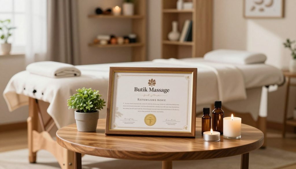 A professional massage therapist's credentials displayed prominently on an elegant wooden table. In the foreground, a well-designed certificate featuring the brand name "Butik Massage" with a subtle gold seal, framed by a small potted plant and a few massage essentials like essential oils and aromatherapy candles. The middle ground showcases a cozy, well-lit massage room with calming colors and a massage table draped in soft linens. Soft, natural daylight filters in through a window, casting gentle shadows that enrich the scene. In the background, shelves neatly lined with massage tools and books about therapeutic techniques create a serene, professional atmosphere. The overall mood conveys professionalism, warmth, and relaxation, ideal for highlighting the importance of selecting a qualified massage therapist. A professional massage therapist's credentials displayed prominently on an elegant wooden table. In the foreground, a well-designed certificate featuring the brand name "Butik Massage" with a subtle gold seal, framed by a small potted plant and a few massage essentials like essential oils and aromatherapy candles. The middle ground showcases a cozy, well-lit massage room with calming colors and a massage table draped in soft linens. Soft, natural daylight filters in through a window, casting gentle shadows that enrich the scene. In the background, shelves neatly lined with massage tools and books about therapeutic techniques create a serene, professional atmosphere. The overall mood conveys professionalism, warmth, and relaxation, ideal for highlighting the importance of selecting a qualified massage therapist.