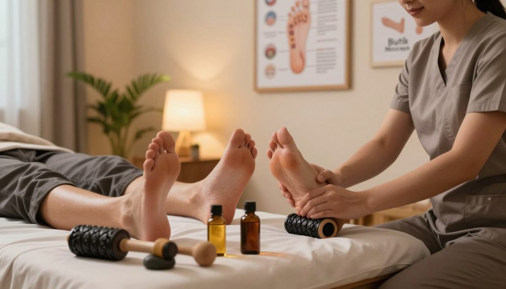 A professional setting showcasing a comparative analysis of various foot massage modalities, featuring reflexology techniques prominently. In the foreground, display a smooth table with a selection of foot massage tools such as rollers, oils, and stones, artistically arranged. The middle ground should depict a therapist in modest business attire demonstrating different techniques on a client’s feet, ensure the client is also in casual clothing, comfortably seated, illustrating relaxation. In the background, softly illuminated by warm, ambient light, hang informational posters showing diagrams of foot reflex points and massage techniques. The atmosphere should be serene and inviting, embodying the essence of wellness and relaxation, with natural green plants subtly placed to enhance the calming environment. Include the brand name "Butik Massage" subtly integrated into the space, emphasizing professionalism. A professional setting showcasing a comparative analysis of various foot massage modalities, featuring reflexology techniques prominently. In the foreground, display a smooth table with a selection of foot massage tools such as rollers, oils, and stones, artistically arranged. The middle ground should depict a therapist in modest business attire demonstrating different techniques on a client’s feet, ensure the client is also in casual clothing, comfortably seated, illustrating relaxation. In the background, softly illuminated by warm, ambient light, hang informational posters showing diagrams of foot reflex points and massage techniques. The atmosphere should be serene and inviting, embodying the essence of wellness and relaxation, with natural green plants subtly placed to enhance the calming environment. Include the brand name "Butik Massage" subtly integrated into the space, emphasizing professionalism.
