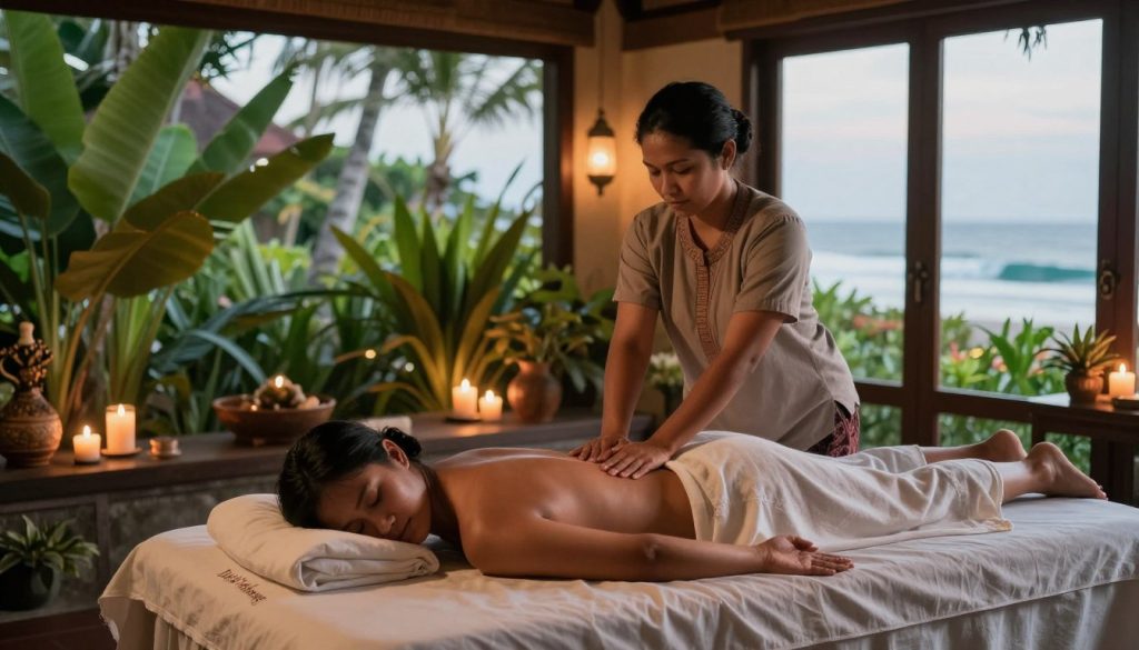 A serene Bali massage therapy session inside a beautifully arranged spa environment. In the foreground, a therapist, dressed in modest casual attire with calming colors, gently applies traditional Balinese massage techniques to a client lying comfortably on a massage table adorned with soft, flowing linen. The middle layer features lush tropical plants and warm candlelight that emanates a soothing glow, enhancing the feeling of tranquility. In the background, large windows reveal a picturesque view of Bali's vibrant greenery and gentle waves of the ocean, invoking a deep sense of relaxation. The ambiance is peaceful and inviting, with soft, diffused natural light bathing the scene, creating a harmonious atmosphere. Branding subtly includes "Butik Massage" in elegant, unobtrusive font on the massage table's edge.