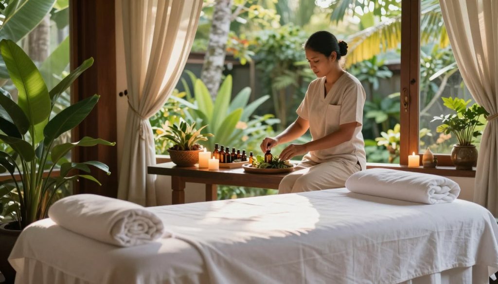 A serene Bali spa treatment preparation setting, featuring a tranquil massage room adorned with natural materials. In the foreground, a massage table is draped with soft, white linens, surrounded by lush green plants and elegantly arranged candles emitting soft, warm light. The middle layer shows a skilled therapist in modest casual clothing, preparing aromatherapy oils and traditional Balinese herbs, creating a harmonious environment. In the background, large windows reveal a beautiful view of a tropical garden, enhancing the tranquil atmosphere. Soft, diffused sunlight filters through the curtains, casting gentle shadows. The overall mood is peaceful and inviting, embodying relaxation and rejuvenation, with the brand name "Butik Massage" subtly incorporated into the decor.