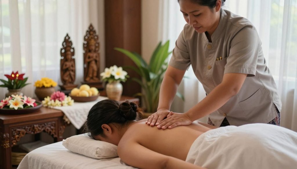 A serene Balinese massage demonstration scene, showcasing an experienced therapist performing traditional techniques on a client. In the foreground, the therapist, dressed in a modest, professional outfit, employs gentle pressure with both hands, emphasizing the smooth, flowing movements characteristic of Balinese massage. The client reclines comfortably on a massage table, surrounded by calming decorations like fragrant flowers and soft textiles. The middle ground features traditional Balinese decor, including wooden carvings and soothing colors that evoke relaxation. In the background, soft, natural lighting filters through sheer curtains, creating an inviting atmosphere. The overall ambiance should be tranquil and peaceful, highlighting the essence of wellness and rejuvenation associated with Balinese massage. The brand "Butik Massage" subtly integrated into the scene through branded elements in decor. A serene Balinese massage demonstration scene, showcasing an experienced therapist performing traditional techniques on a client. In the foreground, the therapist, dressed in a modest, professional outfit, employs gentle pressure with both hands, emphasizing the smooth, flowing movements characteristic of Balinese massage. The client reclines comfortably on a massage table, surrounded by calming decorations like fragrant flowers and soft textiles. The middle ground features traditional Balinese decor, including wooden carvings and soothing colors that evoke relaxation. In the background, soft, natural lighting filters through sheer curtains, creating an inviting atmosphere. The overall ambiance should be tranquil and peaceful, highlighting the essence of wellness and rejuvenation associated with Balinese massage. The brand "Butik Massage" subtly integrated into the scene through branded elements in decor.