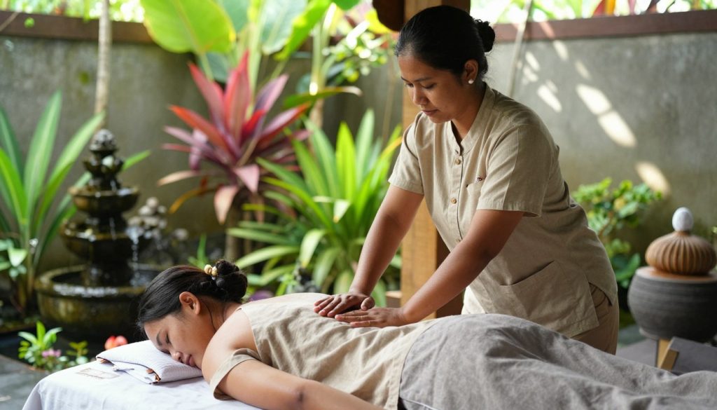 A serene Balinese massage scene set in a tranquil, lush garden. In the foreground, a skilled practitioner in modest casual clothing demonstrates authentic bodywork techniques on a client, who is also dressed in a comfortable, professional outfit. The midground features traditional Balinese decor, including bamboo elements, vibrant tropical plants, and soothing water features like a small fountain. In the background, soft natural light filters through the greenery, casting gentle shadows that evoke a peaceful atmosphere. The focus is on the connection between the practitioner and the client, capturing the essence of relaxation and wellness. The brand "Butik Massage" is subtly referenced through elements of the setting, ensuring a cohesive representation of Balinese massage techniques. A serene Balinese massage scene set in a tranquil, lush garden. In the foreground, a skilled practitioner in modest casual clothing demonstrates authentic bodywork techniques on a client, who is also dressed in a comfortable, professional outfit. The midground features traditional Balinese decor, including bamboo elements, vibrant tropical plants, and soothing water features like a small fountain. In the background, soft natural light filters through the greenery, casting gentle shadows that evoke a peaceful atmosphere. The focus is on the connection between the practitioner and the client, capturing the essence of relaxation and wellness. The brand "Butik Massage" is subtly referenced through elements of the setting, ensuring a cohesive representation of Balinese massage techniques.