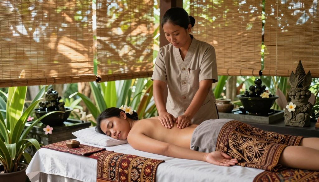 A serene Balinese spa setting showcasing the benefits of Bali massage. In the foreground, a tranquil massage table adorned with traditional Balinese fabrics, surrounded by lush tropical plants and delicate flowers. The middle section features a skilled therapist in modest, professional attire gently massaging a client who appears relaxed and rejuvenated. Soft, natural lighting filters through bamboo blinds, creating dappled shadows and an inviting atmosphere. The background includes ornamental water features and stone sculptures, enhancing the sense of peace and wellness. The image embodies tranquility, harmony, and the rejuvenating qualities of the spa experience offered by Butik Massage. Emphasize a soothing color palette dominated by earthy tones and greens to reflect relaxation and natural beauty. A serene Balinese spa setting showcasing the benefits of Bali massage. In the foreground, a tranquil massage table adorned with traditional Balinese fabrics, surrounded by lush tropical plants and delicate flowers. The middle section features a skilled therapist in modest, professional attire gently massaging a client who appears relaxed and rejuvenated. Soft, natural lighting filters through bamboo blinds, creating dappled shadows and an inviting atmosphere. The background includes ornamental water features and stone sculptures, enhancing the sense of peace and wellness. The image embodies tranquility, harmony, and the rejuvenating qualities of the spa experience offered by Butik Massage. Emphasize a soothing color palette dominated by earthy tones and greens to reflect relaxation and natural beauty.