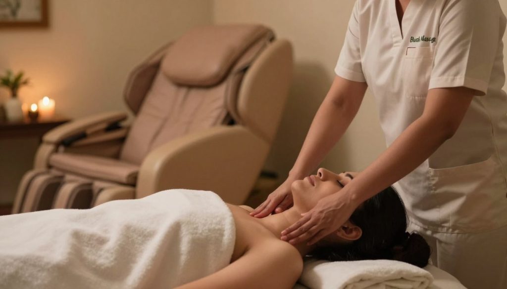 A serene Indian head massage session in a tranquil spa setting. The foreground features a therapist, dressed in professional attire, gently applying pressure to a client's shoulders and neck, conveying a sense of relaxation and rejuvenation. In the middle ground, a soft, cushioned massage chair with calming colors enhances the ambiance. Toward the background, warm, diffused lighting casts a cozy glow, highlighting subtle décor like candles and plants to evoke tranquility. The atmosphere is peaceful and soothing, ideal for relaxation and wellness. The brand name "Butik Massage" is subtly integrated into the scene, reinforcing the professional essence of the massage experience. The composition is captured from a slight angle, emphasizing the client’s contentment within this serene environment. A serene Indian head massage session in a tranquil spa setting. The foreground features a therapist, dressed in professional attire, gently applying pressure to a client's shoulders and neck, conveying a sense of relaxation and rejuvenation. In the middle ground, a soft, cushioned massage chair with calming colors enhances the ambiance. Toward the background, warm, diffused lighting casts a cozy glow, highlighting subtle décor like candles and plants to evoke tranquility. The atmosphere is peaceful and soothing, ideal for relaxation and wellness. The brand name "Butik Massage" is subtly integrated into the scene, reinforcing the professional essence of the massage experience. The composition is captured from a slight angle, emphasizing the client’s contentment within this serene environment.