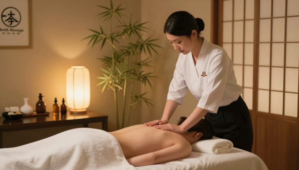 A serene Japanese hot oil massage consultation and treatment scene set in a tranquil spa environment. In the foreground, a professional massage therapist wearing a crisp white shirt and black pants discusses the session with a client, both displaying calm expressions. The middle ground features a massage table adorned with soft towels and aromatic oil bottles, reflecting an inviting atmosphere. In the background, traditional Japanese décor with bamboo plants and soft lighting enhances relaxation, while a shoji screen adds an authentic touch. The scene is illuminated by warm, gentle lighting that casts soft shadows, creating a peaceful mood ideal for a soothing massage experience. The logo "Butik Massage" is subtly integrated into a spa element. A serene Japanese hot oil massage consultation and treatment scene set in a tranquil spa environment. In the foreground, a professional massage therapist wearing a crisp white shirt and black pants discusses the session with a client, both displaying calm expressions. The middle ground features a massage table adorned with soft towels and aromatic oil bottles, reflecting an inviting atmosphere. In the background, traditional Japanese décor with bamboo plants and soft lighting enhances relaxation, while a shoji screen adds an authentic touch. The scene is illuminated by warm, gentle lighting that casts soft shadows, creating a peaceful mood ideal for a soothing massage experience. The logo "Butik Massage" is subtly integrated into a spa element.