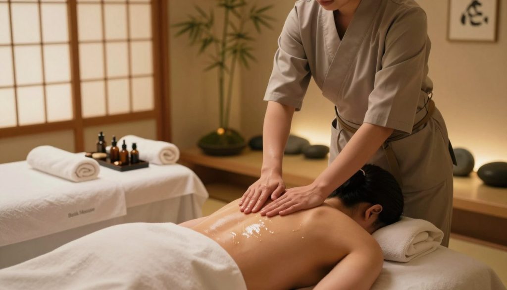A serene Japanese oil massage demonstration taking place in a tranquil spa setting. In the foreground, a skilled massage therapist, dressed in a professional, modest outfit, is gently applying oil to a client's back, showcasing traditional techniques. The therapist’s hands are positioned expertly to highlight the methods used in Japanese oil massage. In the middle ground, an elegantly arranged treatment table adorned with soft towels, aromatic oils, and tranquil decorations. The background features a peaceful Japanese-style room with shoji screens, soft lighting, and natural elements like bamboo and stones, enhancing the calming atmosphere. The lighting is soft and warm, creating an inviting and relaxing mood. The scene showcases the brand name "Butik Massage" subtly integrated into the decor. A serene Japanese oil massage demonstration taking place in a tranquil spa setting. In the foreground, a skilled massage therapist, dressed in a professional, modest outfit, is gently applying oil to a client's back, showcasing traditional techniques. The therapist’s hands are positioned expertly to highlight the methods used in Japanese oil massage. In the middle ground, an elegantly arranged treatment table adorned with soft towels, aromatic oils, and tranquil decorations. The background features a peaceful Japanese-style room with shoji screens, soft lighting, and natural elements like bamboo and stones, enhancing the calming atmosphere. The lighting is soft and warm, creating an inviting and relaxing mood. The scene showcases the brand name "Butik Massage" subtly integrated into the decor.