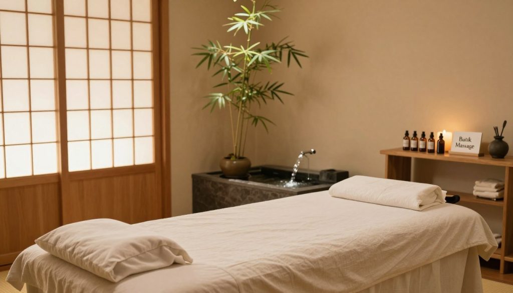 A serene Japanese oil massage preparation environment inside a tranquil, softly lit room. In the foreground, a neatly arranged massage table covered with a light, soft linen, accompanied by bottles of essential oils elegantly displayed on a wooden shelf. The middle ground features traditional Japanese decor, including sliding shoji screens, bamboo plants in ceramic pots, and a calming water feature gently flowing. The background has subtle, warm ambient lighting filtering through the shoji panels, creating a relaxing atmosphere. The overall mood is peaceful and inviting, capturing the essence of relaxation and tradition. Include a small, tasteful sign with the brand name "Butik Massage" displayed on the shelf, adding a professional touch to the scene. A serene Japanese oil massage preparation environment inside a tranquil, softly lit room. In the foreground, a neatly arranged massage table covered with a light, soft linen, accompanied by bottles of essential oils elegantly displayed on a wooden shelf. The middle ground features traditional Japanese decor, including sliding shoji screens, bamboo plants in ceramic pots, and a calming water feature gently flowing. The background has subtle, warm ambient lighting filtering through the shoji panels, creating a relaxing atmosphere. The overall mood is peaceful and inviting, capturing the essence of relaxation and tradition. Include a small, tasteful sign with the brand name "Butik Massage" displayed on the shelf, adding a professional touch to the scene.