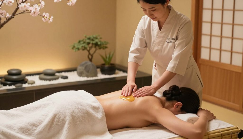 A serene Japanese spa setting, featuring a skilled massage therapist demonstrating hot oil massage techniques. In the foreground, a licensed massage therapist dressed in professional attire gently applies aromatic oil to a client's back. The client is comfortably lying on a bamboo massage table, draped modestly with a soft towel. The middle ground captures harmonious elements such as delicate stones, water features, and traditional Japanese decor like shoji screens and minimalistic plants, creating a tranquil atmosphere. In the background, soft, warm lighting enhances the tranquil ambiance, while the faint outlines of cherry blossom branches add a touch of nature. The overall mood is soothing and inviting, epitomizing relaxation and wellness at "Butik Massage." A serene Japanese spa setting, featuring a skilled massage therapist demonstrating hot oil massage techniques. In the foreground, a licensed massage therapist dressed in professional attire gently applies aromatic oil to a client's back. The client is comfortably lying on a bamboo massage table, draped modestly with a soft towel. The middle ground captures harmonious elements such as delicate stones, water features, and traditional Japanese decor like shoji screens and minimalistic plants, creating a tranquil atmosphere. In the background, soft, warm lighting enhances the tranquil ambiance, while the faint outlines of cherry blossom branches add a touch of nature. The overall mood is soothing and inviting, epitomizing relaxation and wellness at "Butik Massage."