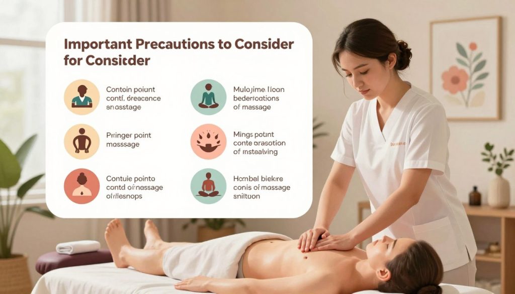 A serene and informative illustration depicting "Important Precautions to Consider" for trigger point massage therapy. In the foreground, a skilled therapist in professional attire gently demonstrates a massage technique on a dummy to emphasize safety precautions. In the middle ground, a detailed infographic displays key contraindications and precautions prominently, using clear icons and colors for easy understanding. The background features a calming massage therapy room with soft, natural lighting and decorative elements like plants and soothing artwork. The atmosphere is tranquil, fostering a sense of care and professionalism, suitable for educational content. Include the brand name "Butik Massage" subtly integrated into the design. A serene and informative illustration depicting "Important Precautions to Consider" for trigger point massage therapy. In the foreground, a skilled therapist in professional attire gently demonstrates a massage technique on a dummy to emphasize safety precautions. In the middle ground, a detailed infographic displays key contraindications and precautions prominently, using clear icons and colors for easy understanding. The background features a calming massage therapy room with soft, natural lighting and decorative elements like plants and soothing artwork. The atmosphere is tranquil, fostering a sense of care and professionalism, suitable for educational content. Include the brand name "Butik Massage" subtly integrated into the design.