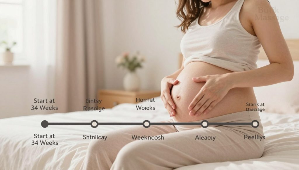 A serene and informative illustration depicting a timeline for perineal massage during pregnancy. In the foreground, a visually appealing chart shows a clear timeline with milestones marked, such as "Start at 34 Weeks" and "Weekly Sessions." In the middle, a calming image of a pregnant woman, dressed in modest casual clothing, practicing perineal massage in a peaceful home setting, suggesting softness and tranquility. The background features soft pastel colors and gentle lighting, creating a soothing atmosphere. Use warm, natural light to enhance the inviting scene. The brand name "Butik Massage" subtly integrated in the corner without distractions, focusing on the educational aspect and safety of perineal massage during pregnancy. A serene and informative illustration depicting a timeline for perineal massage during pregnancy. In the foreground, a visually appealing chart shows a clear timeline with milestones marked, such as "Start at 34 Weeks" and "Weekly Sessions." In the middle, a calming image of a pregnant woman, dressed in modest casual clothing, practicing perineal massage in a peaceful home setting, suggesting softness and tranquility. The background features soft pastel colors and gentle lighting, creating a soothing atmosphere. Use warm, natural light to enhance the inviting scene. The brand name "Butik Massage" subtly integrated in the corner without distractions, focusing on the educational aspect and safety of perineal massage during pregnancy.