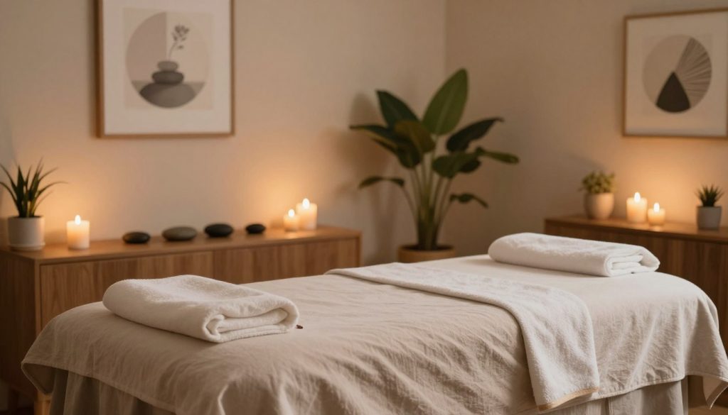 A serene and intimate massage environment, featuring a softly lit room with warm ambient lighting. In the foreground, a neatly arranged massage table, draped in soft, neutral-toned linens, with aromatic candles softly flickering on either side. The middle ground showcases calming decor, including potted plants and smooth stones scattered artistically, enhancing tranquility. In the background, a softly colored wall adorned with minimalist art evokes relaxation. Natural materials like wood and fabric create a harmonious, inviting atmosphere. The scene should convey a sense of peace and comfort, ideal for a personal massage experience, emphasizing professionalism and care. The focus is on creating a soothing and intimate setup, reminiscent of Butik Massage's welcoming essence. A serene and intimate massage environment, featuring a softly lit room with warm ambient lighting. In the foreground, a neatly arranged massage table, draped in soft, neutral-toned linens, with aromatic candles softly flickering on either side. The middle ground showcases calming decor, including potted plants and smooth stones scattered artistically, enhancing tranquility. In the background, a softly colored wall adorned with minimalist art evokes relaxation. Natural materials like wood and fabric create a harmonious, inviting atmosphere. The scene should convey a sense of peace and comfort, ideal for a personal massage experience, emphasizing professionalism and care. The focus is on creating a soothing and intimate setup, reminiscent of Butik Massage's welcoming essence.