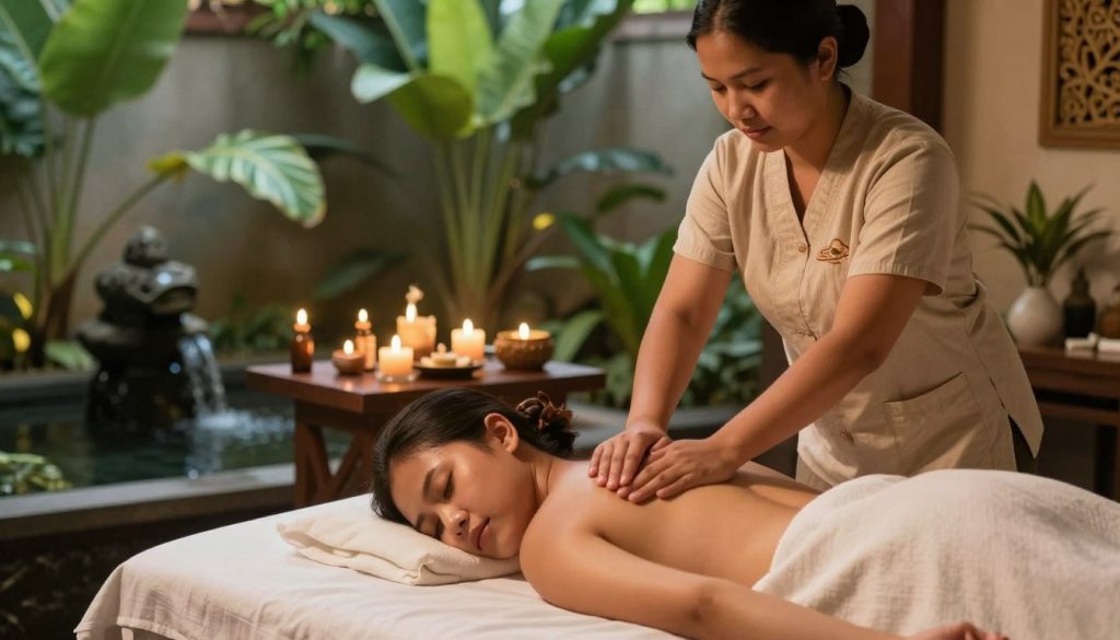 A serene and inviting Balinese massage setting showcasing the benefits of pain relief and wellness. In the foreground, a professional masseuse in modest casual clothing performs a relaxing massage on a client lying on a massage table, surrounded by lush tropical plants and soft lighting. The middle ground features aromatic essential oils, candles, and calming natural elements that create a soothing atmosphere. In the background, a tranquil water feature enhances the sense of relaxation. The lighting is warm, evoking a sense of peace and tranquility. Emphasize the soft textures of the massage table and surrounding decor, capturing the essence of traditional Balinese culture. Include the logo of "Butik Massage" subtly integrated into the scene. A serene and inviting Balinese massage setting showcasing the benefits of pain relief and wellness. In the foreground, a professional masseuse in modest casual clothing performs a relaxing massage on a client lying on a massage table, surrounded by lush tropical plants and soft lighting. The middle ground features aromatic essential oils, candles, and calming natural elements that create a soothing atmosphere. In the background, a tranquil water feature enhances the sense of relaxation. The lighting is warm, evoking a sense of peace and tranquility. Emphasize the soft textures of the massage table and surrounding decor, capturing the essence of traditional Balinese culture. Include the logo of "Butik Massage" subtly integrated into the scene.
