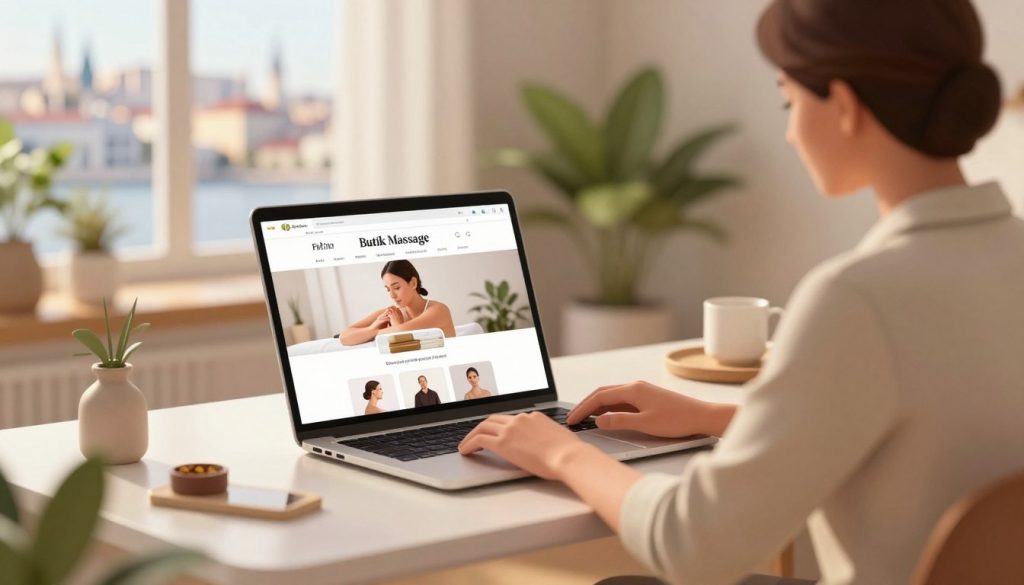 A serene and inviting digital illustration depicting the process of booking a massage appointment online. In the foreground, a person seated at a sleek, modern desk with a laptop open, displaying the Butik Massage website on the screen. The individual is dressed in casual, professional attire, focused on selecting their desired massage service. The middle ground features a softly lit room with plants and calming decor, creating a tranquil atmosphere. In the background, a blurred image of the Fatih skyline can be seen through a window, hinting at the location's cultural charm. The overall lighting is warm and soothing, emphasizing relaxation and comfort, with a depth of field effect to draw attention to the booking process. A serene and inviting digital illustration depicting the process of booking a massage appointment online. In the foreground, a person seated at a sleek, modern desk with a laptop open, displaying the Butik Massage website on the screen. The individual is dressed in casual, professional attire, focused on selecting their desired massage service. The middle ground features a softly lit room with plants and calming decor, creating a tranquil atmosphere. In the background, a blurred image of the Fatih skyline can be seen through a window, hinting at the location's cultural charm. The overall lighting is warm and soothing, emphasizing relaxation and comfort, with a depth of field effect to draw attention to the booking process.