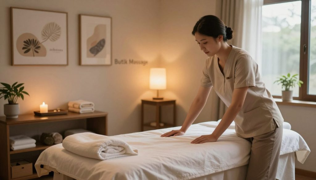 A serene and inviting massage room designed for a Swedish massage session, highlighting a calming atmosphere. In the foreground, a professionally dressed massage therapist adjusts a massage table adorned with soft, clean linens. The middle ground features an ambient room with gentle, warm lighting emanating from soft lamps, with tranquil decor including potted plants and soothing artwork on the walls. In the background, a window lets in natural light, creating a sense of openness and tranquility. The overall mood is peaceful and relaxing, emphasizing comfort and personalization in the massage experience. The brand name “Butik Massage” is subtly integrated into the decor. The lens captures the scene from a slightly elevated angle to create a harmonious perspective, evoking a sense of welcome and professionalism.