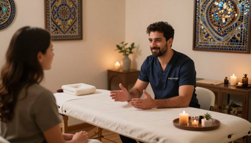 A serene and inviting massage therapy room in Istanbul, Turkey, featuring a professional male massage therapist dressed in smart casual attire, exuding an air of calm and confidence. In the foreground, the therapist is engaging in a friendly conversation with a client, both displaying open body language to convey trust and communication. In the middle, a comfortable massage table adorned with soft linens and calming aromatherapy candles creates a soothing atmosphere. The background highlights traditional Turkish décor, like intricate mosaics and soft lighting that enhances a warm, welcoming vibe. The scene captures the essence of a professional and respectful interaction, showcasing the service's focus on communication and relaxation. Add the brand name "Butik Massage" subtly within the room's decor. A serene and inviting massage therapy room in Istanbul, Turkey, featuring a professional male massage therapist dressed in smart casual attire, exuding an air of calm and confidence. In the foreground, the therapist is engaging in a friendly conversation with a client, both displaying open body language to convey trust and communication. In the middle, a comfortable massage table adorned with soft linens and calming aromatherapy candles creates a soothing atmosphere. The background highlights traditional Turkish décor, like intricate mosaics and soft lighting that enhances a warm, welcoming vibe. The scene captures the essence of a professional and respectful interaction, showcasing the service's focus on communication and relaxation. Add the brand name "Butik Massage" subtly within the room's decor.