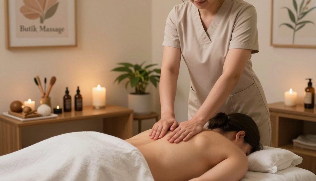 A serene and inviting massage therapy room, showcasing a deep tissue massage treatment focused on cellulite reduction. In the foreground, a licensed therapist, dressed in professional attire, administers a methodical massage to a covered client lying on a massage table. The therapist uses strong, confident strokes that emphasize the technique’s effectiveness against cellulite. In the middle ground, a variety of massage tools and oils are neatly arranged, symbolizing different methods of treatment. The background features soft, ambient lighting that enhances the calming atmosphere with warm colors and décor like plants and soothing artwork. A peaceful and professional mood permeates the scene, embodying the essence of therapeutic massage at "Butik Massage".