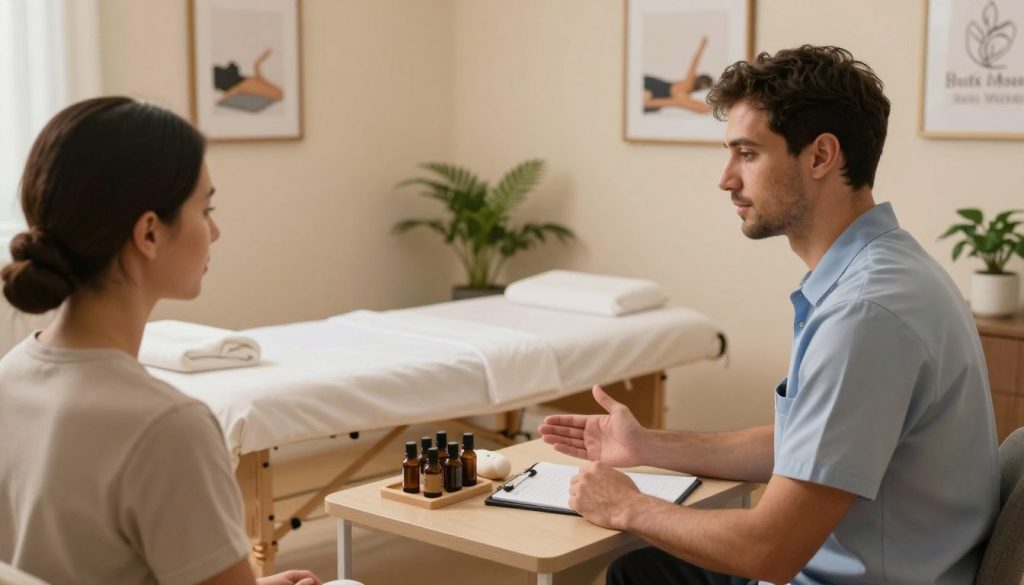 A serene and inviting office setting for a men's massage therapy preparation consultation, featuring a warm, well-lit room with soft, ambient lighting. In the foreground, a professional male therapist in smart, casual attire is seated at a desk with a notepad, discussing with a client who appears relaxed and attentive, both of them facing each other. The middle ground showcases a massage table elegantly draped in clean linens, and a selection of essential oils and massage tools neatly arranged on a small table. The backdrop consists of calming wall colors, framed relaxation artwork, and potted plants, creating a soothing atmosphere. The overall mood is professional yet comforting, ideal for a consultation setting. Include the logo "Butik Massage" subtly in the background.