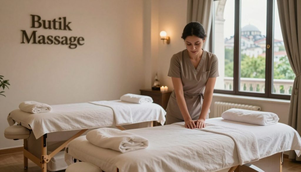 A serene and inviting scene depicting a professional massage service location in Istanbul, showcasing "Butik Massage." In the foreground, a beautifully arranged wellness area featuring soft, neutral-toned massage tables with plush, clean linens and aromatic candles lit nearby. The middle ground reveals a skilled massage therapist dressed in modest, professional attire, preparing the space with a calming demeanor. In the background, large windows open to a lush, green view of Istanbul's historic architecture, with natural light flooding the room, creating a warm, tranquil atmosphere. The overall mood is relaxing and inviting, suggesting a sense of calm and renewal. The angle captures the therapist in action, emphasizing professionalism and serenity, with soft, diffused lighting enhancing the ambiance. A serene and inviting scene depicting a professional massage service location in Istanbul, showcasing "Butik Massage." In the foreground, a beautifully arranged wellness area featuring soft, neutral-toned massage tables with plush, clean linens and aromatic candles lit nearby. The middle ground reveals a skilled massage therapist dressed in modest, professional attire, preparing the space with a calming demeanor. In the background, large windows open to a lush, green view of Istanbul's historic architecture, with natural light flooding the room, creating a warm, tranquil atmosphere. The overall mood is relaxing and inviting, suggesting a sense of calm and renewal. The angle captures the therapist in action, emphasizing professionalism and serenity, with soft, diffused lighting enhancing the ambiance.