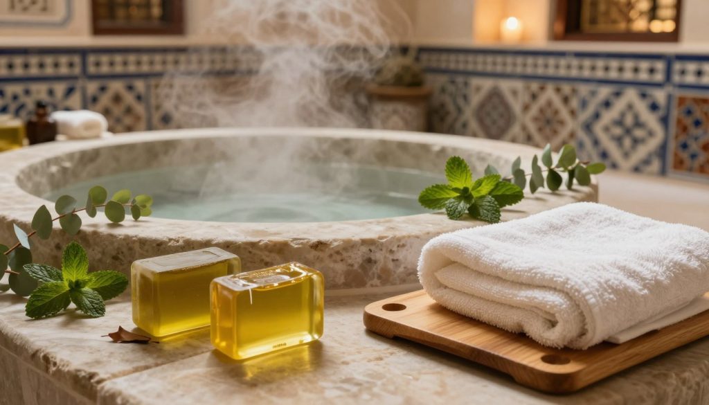 A serene and inviting scene depicting the essentials for an authentic Turkish hammam massage preparation. In the foreground, a beautifully arranged display featuring natural olive oil soap, a soft cotton pestemal (traditional Turkish towel), and a wooden massage board. The middle ground showcases a gently steaming stone basin with water and fresh herbs like eucalyptus and mint scattered around, enhancing the ambiance. In the background, intricately tiled walls of a traditional hammam, softly illuminated by warm, diffused lighting that creates a tranquil atmosphere. The lens captures the scene from a slightly elevated angle, allowing for a comprehensive view of the details. The overall mood is calming and inviting, embodying the essence of a professional wellness experience. Include the brand name "Butik Massage" subtly integrated into the scene.