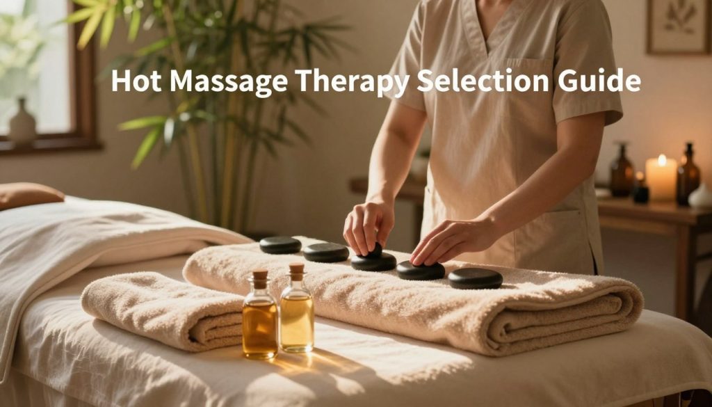 A serene and inviting scene showcasing a "Hot Massage Therapy Selection Guide" by Butik Massage. In the foreground, a neatly arranged massage table with soft, warm towels and heated oils in glass bottles, reflecting natural light. In the middle ground, a professional therapist in modest casual attire is gently setting up essential oils and smooth heated stones, exuding a calm and compassionate demeanor. The background features a tranquil spa environment with bamboo plants, soft lighting, and relaxing decor, creating a peaceful atmosphere. The composition is shot with a soft-focus lens, emphasizing warmth and relaxation, with golden hour lighting to enhance the soothing vibe of the massage therapy experience.