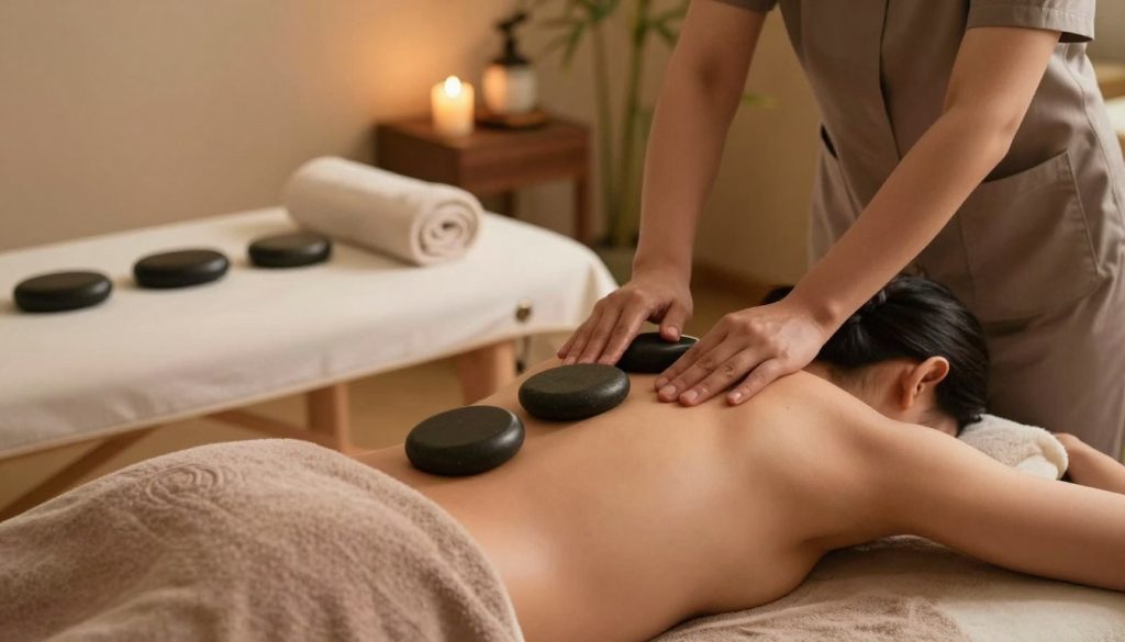 A serene and inviting setting showcasing a heated stone massage technique demonstration. In the foreground, a skilled massage therapist, dressed in professional attire, gently places warm, smooth stones along a client's back, who is comfortably draped in a modest towel. The therapist's hands are slightly visible as they focus on the stones, highlighting the technique. The middle layer features a sleek massage table with various heated stones arranged aesthetically nearby, emphasizing the therapeutic elements. In the background, soft, ambient lighting casts a warm glow, complemented by tranquil decor, such as candles and bamboo plants, enhancing the relaxing atmosphere. The overall mood is calm and soothing, reflecting the essence of "Butik Massage."