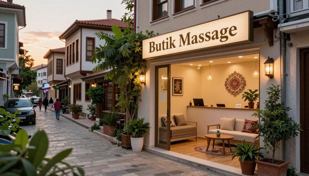 A serene and inviting spa massage center in a charming Istanbul neighborhood, featuring "Butik Massage" prominently on a welcoming sign. In the foreground, a peaceful entryway adorned with lush greenery and calming stone pathways. The middle ground showcases a contemporary reception area with soft lighting, comfortable seating, and decorative elements inspired by traditional Turkish motifs. The background reveals the quaint streets of Istanbul, lined with historic architecture and bustling with local life, bathed in warm sunset light to create a relaxing atmosphere. Capture this scene from a slightly elevated angle, providing depth while emphasizing tranquility and accessibility in a local massage service setting. The overall mood should evoke comfort, relaxation, and the allure of exploring local wellness options. A serene and inviting spa massage center in a charming Istanbul neighborhood, featuring "Butik Massage" prominently on a welcoming sign. In the foreground, a peaceful entryway adorned with lush greenery and calming stone pathways. The middle ground showcases a contemporary reception area with soft lighting, comfortable seating, and decorative elements inspired by traditional Turkish motifs. The background reveals the quaint streets of Istanbul, lined with historic architecture and bustling with local life, bathed in warm sunset light to create a relaxing atmosphere. Capture this scene from a slightly elevated angle, providing depth while emphasizing tranquility and accessibility in a local massage service setting. The overall mood should evoke comfort, relaxation, and the allure of exploring local wellness options.