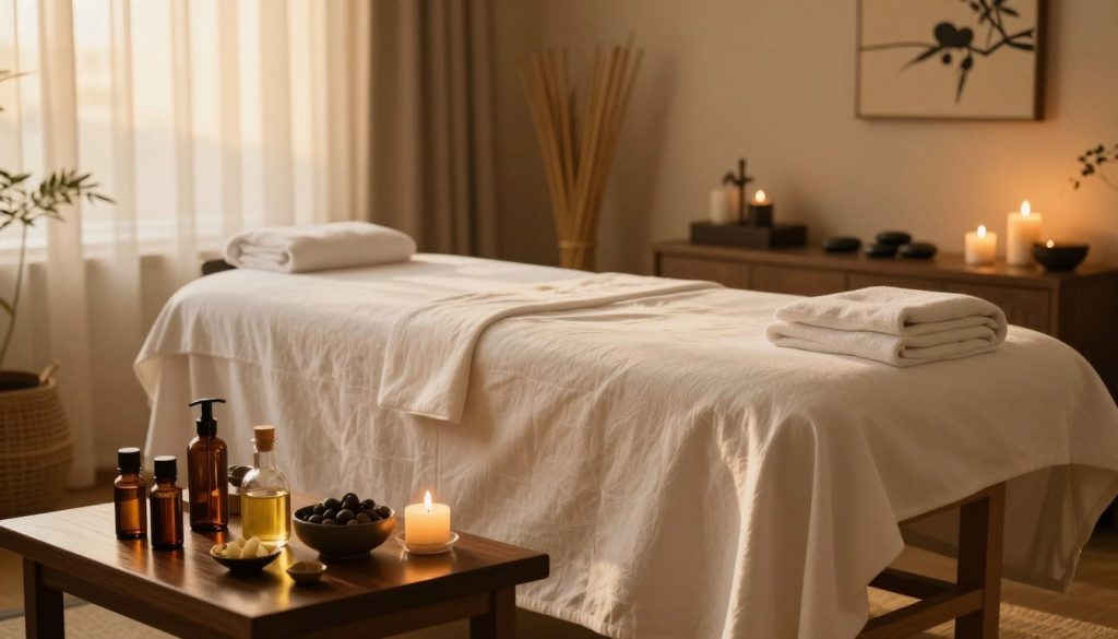 A serene and inviting spa room is beautifully set up for a sensual oil treatment session by Butik Massage. In the foreground, there’s a small table adorned with various essential oils and natural ingredients, elegantly arranged with soft, warm evening light illuminating glass vials. In the middle, a plush massage table draped in soft, clean linens beckons, surrounded by calming elements like flickering candles and smooth stones. The background features tranquil Japanese-inspired decor, such as bamboo accents and ambient wall art, evoking a sense of peace. The entire atmosphere is serene, with golden hour sunlight filtering through gentle curtains, creating a soothing and inviting vibe, perfect for a relaxing treatment. A serene and inviting spa room is beautifully set up for a sensual oil treatment session by Butik Massage. In the foreground, there’s a small table adorned with various essential oils and natural ingredients, elegantly arranged with soft, warm evening light illuminating glass vials. In the middle, a plush massage table draped in soft, clean linens beckons, surrounded by calming elements like flickering candles and smooth stones. The background features tranquil Japanese-inspired decor, such as bamboo accents and ambient wall art, evoking a sense of peace. The entire atmosphere is serene, with golden hour sunlight filtering through gentle curtains, creating a soothing and inviting vibe, perfect for a relaxing treatment.