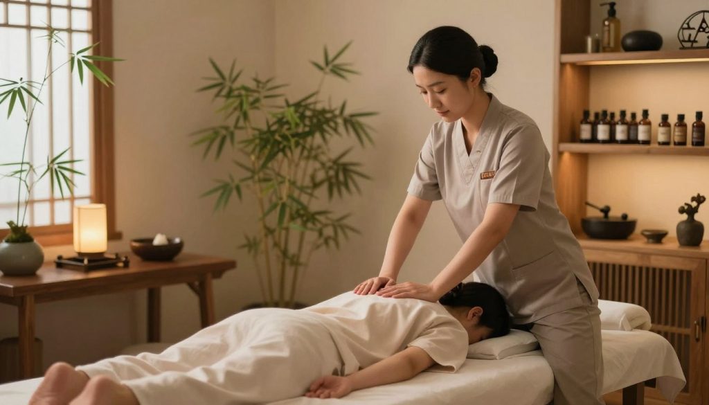 A serene and inviting traditional Chinese massage therapy consultation and treatment session inside a tranquil therapy room. In the foreground, a well-groomed therapist, dressed in professional attire, is gently guiding a client, who is comfortably seated and dressed in modest casual clothing. The middle of the scene features a wooden treatment table, surrounded by calming decor such as bamboo plants and soft, warm lighting that creates a peaceful atmosphere. In the background, shelves filled with essential oils and traditional healing tools add authenticity. The scene is captured with a soft focus lens, showcasing the caring interaction between the therapist and client, evoking a sense of relaxation and trust. The branding "Butik Massage" is subtly integrated into the décor, enhancing the overall ambiance. A serene and inviting traditional Chinese massage therapy consultation and treatment session inside a tranquil therapy room. In the foreground, a well-groomed therapist, dressed in professional attire, is gently guiding a client, who is comfortably seated and dressed in modest casual clothing. The middle of the scene features a wooden treatment table, surrounded by calming decor such as bamboo plants and soft, warm lighting that creates a peaceful atmosphere. In the background, shelves filled with essential oils and traditional healing tools add authenticity. The scene is captured with a soft focus lens, showcasing the caring interaction between the therapist and client, evoking a sense of relaxation and trust. The branding "Butik Massage" is subtly integrated into the décor, enhancing the overall ambiance.