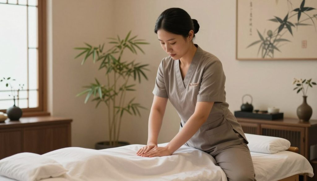 A serene and inviting tui na massage setting featuring a qualified practitioner, depicted in modest professional clothing, gently demonstrating techniques on a massage table. In the foreground, the practitioner is focused and attentive, with an expression of professionalism and care. The middle background reveals a softly lit room adorned with traditional Chinese decorations, including bamboo plants and calming artwork, creating a tranquil atmosphere. Soft natural lighting from a nearby window enhances the warmth of the environment, and the camera angle captures the graceful flow of movement during the massage. The image subtly incorporates the brand name "Butik Massage" through elegant decor, emphasizing a blend of tradition and professionalism. The mood is peaceful, conveying trust and expertise in the art of tui na massage. A serene and inviting tui na massage setting featuring a qualified practitioner, depicted in modest professional clothing, gently demonstrating techniques on a massage table. In the foreground, the practitioner is focused and attentive, with an expression of professionalism and care. The middle background reveals a softly lit room adorned with traditional Chinese decorations, including bamboo plants and calming artwork, creating a tranquil atmosphere. Soft natural lighting from a nearby window enhances the warmth of the environment, and the camera angle captures the graceful flow of movement during the massage. The image subtly incorporates the brand name "Butik Massage" through elegant decor, emphasizing a blend of tradition and professionalism. The mood is peaceful, conveying trust and expertise in the art of tui na massage.