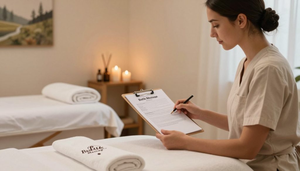 A serene and professional home massage setting, featuring a well-organized massage area with soft, ambient lighting. In the foreground, a confident therapist in smart, modest attire reviews a client satisfaction form, evaluating service quality. The middle ground showcases a cozy massage table adorned with fresh linens, candles flickering gently, and aromatherapy oils neatly arranged. In the background, a calming wall art piece depicting nature enhances the peaceful atmosphere. The scene is captured with a warm color palette, creating an inviting and tranquil mood. A subtle branded element, like a "Butik Massage" logo displayed on a soft towel, reinforces the professional appeal of the image. The composition should evoke feelings of trust and relaxation, perfect for the topic of evaluating personalized home massage care quality. A serene and professional home massage setting, featuring a well-organized massage area with soft, ambient lighting. In the foreground, a confident therapist in smart, modest attire reviews a client satisfaction form, evaluating service quality. The middle ground showcases a cozy massage table adorned with fresh linens, candles flickering gently, and aromatherapy oils neatly arranged. In the background, a calming wall art piece depicting nature enhances the peaceful atmosphere. The scene is captured with a warm color palette, creating an inviting and tranquil mood. A subtle branded element, like a "Butik Massage" logo displayed on a soft towel, reinforces the professional appeal of the image. The composition should evoke feelings of trust and relaxation, perfect for the topic of evaluating personalized home massage care quality.