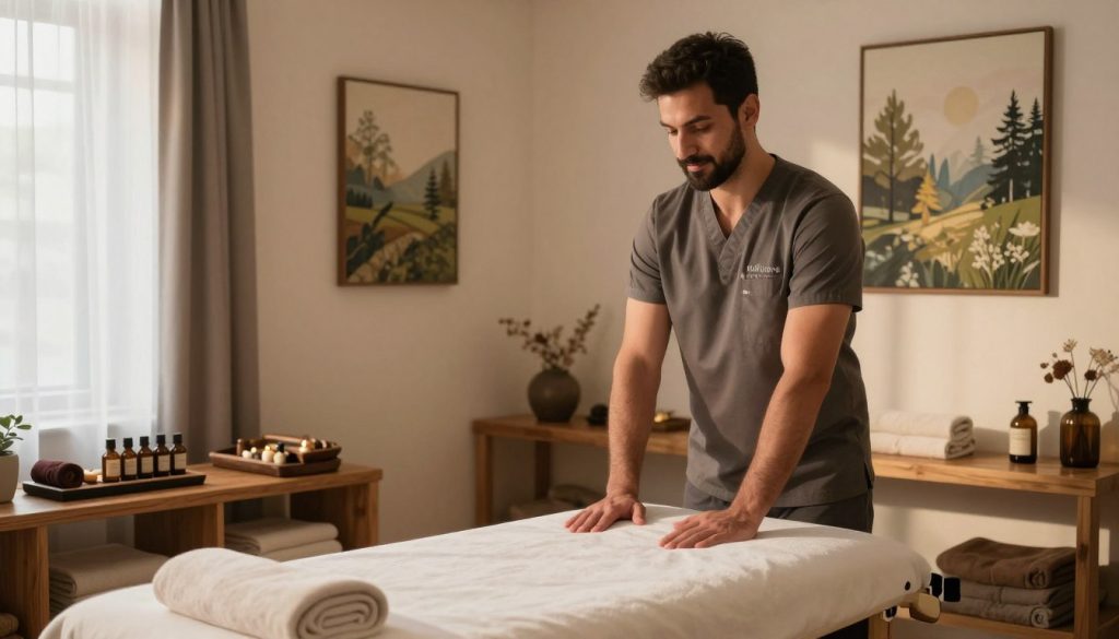 A serene and professional male massage studio in Istanbul, featuring a calming atmosphere with soft ambient lighting. In the foreground, a well-groomed male massage therapist in smart casual attire stands beside a massage table, demonstrating a welcoming demeanor. The middle ground showcases a tastefully arranged studio with natural wooden accents, essential oils displayed on a shelf, and plush towels neatly folded. The background reveals serene artwork on the walls, such as nature-themed prints, enhancing a tranquil vibe. Soft, warm light filters in through sheer curtains, casting gentle shadows. The overall mood is peaceful and inviting, embodying relaxation and professionalism, perfect for the "Butik Massage" brand. A serene and professional male massage studio in Istanbul, featuring a calming atmosphere with soft ambient lighting. In the foreground, a well-groomed male massage therapist in smart casual attire stands beside a massage table, demonstrating a welcoming demeanor. The middle ground showcases a tastefully arranged studio with natural wooden accents, essential oils displayed on a shelf, and plush towels neatly folded. The background reveals serene artwork on the walls, such as nature-themed prints, enhancing a tranquil vibe. Soft, warm light filters in through sheer curtains, casting gentle shadows. The overall mood is peaceful and inviting, embodying relaxation and professionalism, perfect for the "Butik Massage" brand.