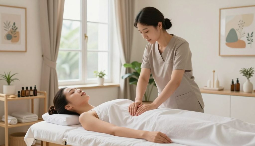 A serene and tranquil clinical setting showcasing a post-surgery lymph massage recovery treatment. In the foreground, a trained therapist in modest professional attire uses gentle techniques on a patient, who is comfortably reclined on a treatment table, both appearing relaxed and at ease. The middle ground features soft, natural light filtering through large windows, illuminating the cozy room adorned with calming colors and soothing decor. Essential oils and massage tools are neatly arranged on a nearby shelf, adding to the inviting atmosphere. In the background, plants and calming artwork enhance the peaceful environment. The overall mood is one of healing and comfort, embodying the essence of care and recovery. The brand name "Butik Massage" is subtly integrated into the decor, emphasizing professionalism and expertise. A serene and tranquil clinical setting showcasing a post-surgery lymph massage recovery treatment. In the foreground, a trained therapist in modest professional attire uses gentle techniques on a patient, who is comfortably reclined on a treatment table, both appearing relaxed and at ease. The middle ground features soft, natural light filtering through large windows, illuminating the cozy room adorned with calming colors and soothing decor. Essential oils and massage tools are neatly arranged on a nearby shelf, adding to the inviting atmosphere. In the background, plants and calming artwork enhance the peaceful environment. The overall mood is one of healing and comfort, embodying the essence of care and recovery. The brand name "Butik Massage" is subtly integrated into the decor, emphasizing professionalism and expertise.