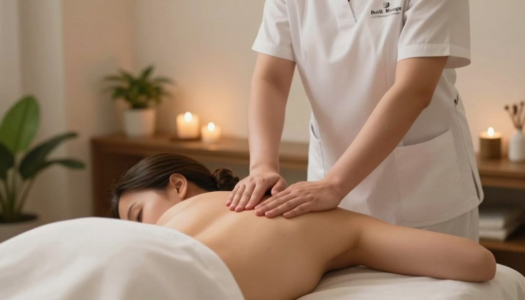 A serene deep tissue massage session in a tranquil spa setting, showcasing a therapist professionally dressed in a white tunic providing treatment to a client comfortably lying on a massage table, clad in modest attire. In the foreground, the therapist's hands apply focused pressure on the client's back, demonstrating the technique. The middle background reveals soft, ambient lighting and natural elements like potted plants and candles, creating a calming atmosphere. The session exudes a sense of relaxation and care, harmoniously blending wellness with professionalism. A subtle "Butik Massage" logo displayed on a wall in the background emphasizes the brand. The image uses soft focus and warm tones to evoke tranquility and inviting comfort.