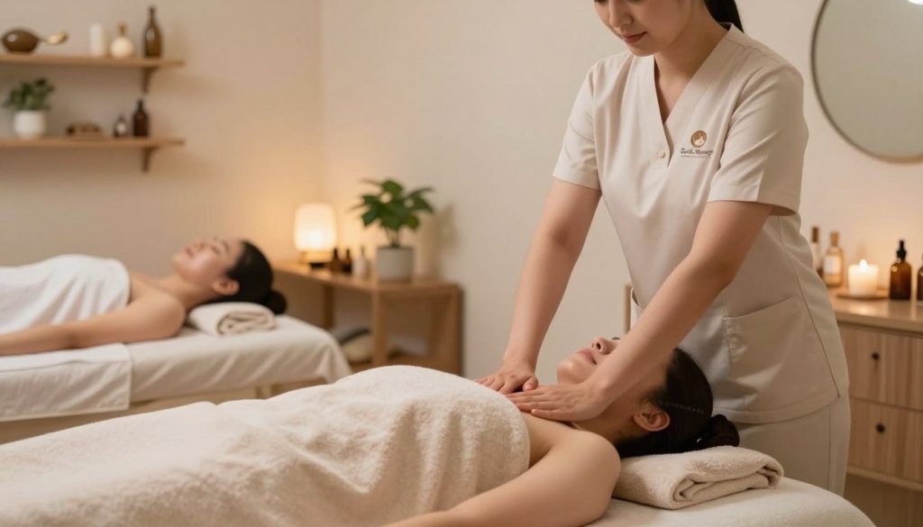 A serene deep tissue massage techniques demonstration in a peaceful therapy room. In the foreground, a skilled massage therapist in professional attire applies pressure with strong, deliberate movements on a client lying on a massage table, who is comfortably draped with a soft towel. The middle ground showcases various massage tools and oils arranged neatly. In the background, soft ambient lighting enhances the calming environment, with shelves featuring serene decor and calming plants. The mood is tranquil and focused, embodying relaxation and professionalism. A subtle logo of "Butik Massage" is discreetly incorporated into the scene, blending with the soft aesthetics. The composition is captured at a slight angle, emphasizing depth and engagement, ensuring a clear and inviting presentation.