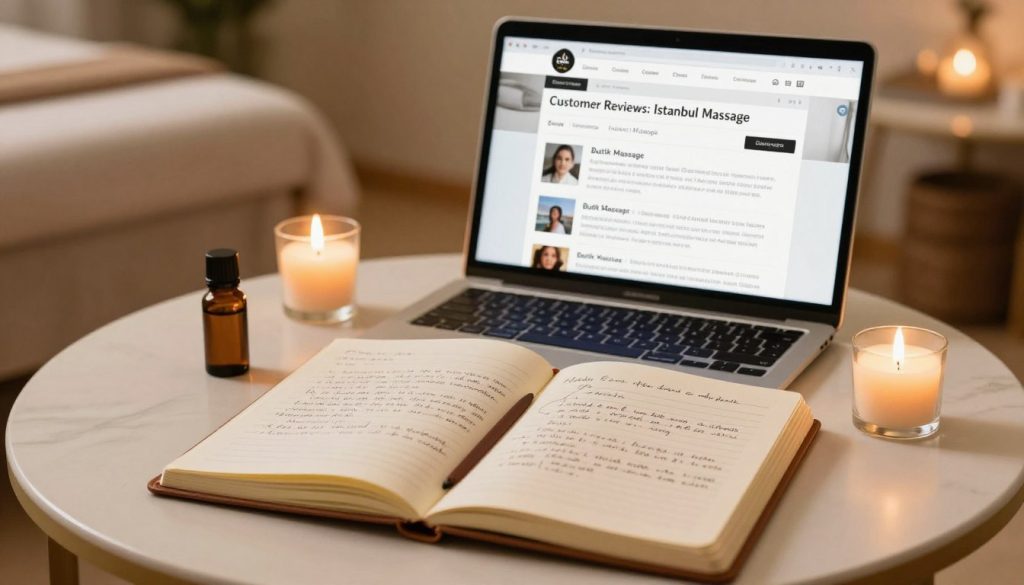 A serene evaluation guide titled "Customer Reviews: Istanbul Massage" is depicted in a sophisticated setting. Foreground shows a neatly arranged table with an elegant notebook open, showcasing handwritten notes on customer reviews about Istanbul massage services. Small aromatic candles and a soothing essential oil bottle are placed next to the notebook, enhancing the calming ambiance. In the middle, a classy laptop displays a webpage with highlighted reviews, emphasizing a well-known local business, "Butik Massage." The background features a softly blurred massage therapy room with warm, inviting lighting, creating a tranquil atmosphere. The image is shot from a slight overhead angle, using a shallow depth of field to focus on the guide and reviews while gently softening the background. The overall mood is relaxed, informative, and professional. A serene evaluation guide titled "Customer Reviews: Istanbul Massage" is depicted in a sophisticated setting. Foreground shows a neatly arranged table with an elegant notebook open, showcasing handwritten notes on customer reviews about Istanbul massage services. Small aromatic candles and a soothing essential oil bottle are placed next to the notebook, enhancing the calming ambiance. In the middle, a classy laptop displays a webpage with highlighted reviews, emphasizing a well-known local business, "Butik Massage." The background features a softly blurred massage therapy room with warm, inviting lighting, creating a tranquil atmosphere. The image is shot from a slight overhead angle, using a shallow depth of field to focus on the guide and reviews while gently softening the background. The overall mood is relaxed, informative, and professional.