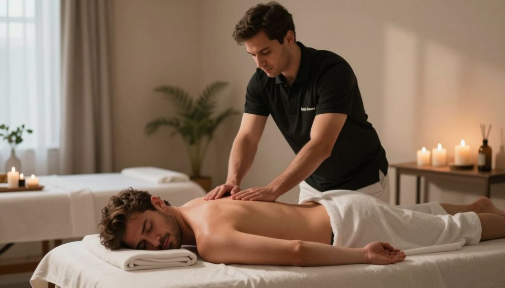 A serene full-body massage session taking place in a tranquil spa environment, featuring a male masseur and a client. In the foreground, the male client is comfortably lying face down on a massage table, dressed in modest athletic wear, appearing relaxed and serene. The masseur, wearing a professional black polo and white pants, uses soothing techniques on the client's back. In the middle ground, a softly lit, serene massage room filled with calming decor, scented candles, and plants to enhance relaxation. The background includes soft light streaming through a partially drawn curtain, casting gentle shadows, creating a warm, inviting atmosphere. Overall, the mood conveys tranquility and professional care, aligned with the brand identity of "Butik Massage." A serene full-body massage session taking place in a tranquil spa environment, featuring a male masseur and a client. In the foreground, the male client is comfortably lying face down on a massage table, dressed in modest athletic wear, appearing relaxed and serene. The masseur, wearing a professional black polo and white pants, uses soothing techniques on the client's back. In the middle ground, a softly lit, serene massage room filled with calming decor, scented candles, and plants to enhance relaxation. The background includes soft light streaming through a partially drawn curtain, casting gentle shadows, creating a warm, inviting atmosphere. Overall, the mood conveys tranquility and professional care, aligned with the brand identity of "Butik Massage."