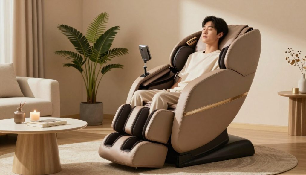 A serene home interior featuring a luxurious Butik Massage therapeutic massage chair. In the foreground, the chair is plush and elegantly designed, showcasing its massage mechanisms and adjustable features. A person in modest casual clothing sits relaxed, their eyes closed, embodying tranquility as gentle, soft light bathes the scene, creating a calm atmosphere. In the middle ground, a potted plant adds a touch of nature, while a stylish coffee table holds wellness items like a candle and a book. The background shows a peaceful room with warm-toned walls and soft textures, conveying a sanctuary for relaxation and wellness. The image captures the soothing experience and mental peace that a massage chair imparts. A serene home interior featuring a luxurious Butik Massage therapeutic massage chair. In the foreground, the chair is plush and elegantly designed, showcasing its massage mechanisms and adjustable features. A person in modest casual clothing sits relaxed, their eyes closed, embodying tranquility as gentle, soft light bathes the scene, creating a calm atmosphere. In the middle ground, a potted plant adds a touch of nature, while a stylish coffee table holds wellness items like a candle and a book. The background shows a peaceful room with warm-toned walls and soft textures, conveying a sanctuary for relaxation and wellness. The image captures the soothing experience and mental peace that a massage chair imparts.