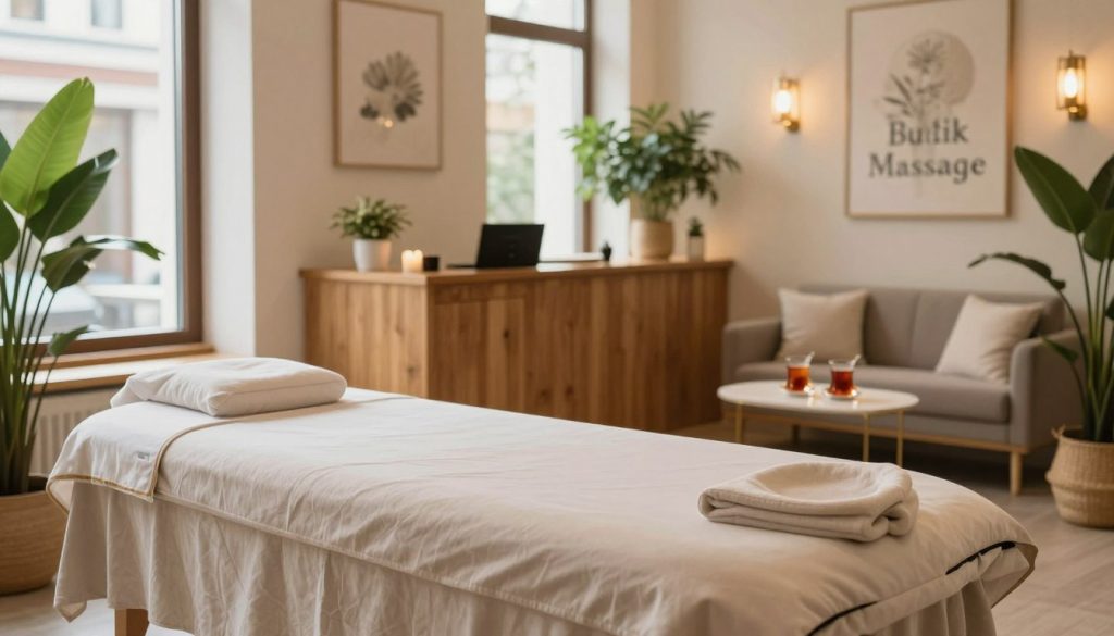 A serene interior of "Butik Massage", a wellness center in Fatih, Istanbul. In the foreground, a cozy massage room featuring a professional massage table dressed in soft, neutral linens. A large window allows warm, natural light to flood in, highlighting the calming decor which includes lush green plants and soothing artwork on the walls. The middle ground showcases a stylish reception area with elegant wooden furnishings and soft, ambient lighting. Toward the background, an inviting waiting area with comfortable seating embodies tranquility, featuring refreshing herbal tea displayed on a sleek table. The atmosphere is calm and relaxing, perfect for rejuvenation and wellness. Capture this scene with a soft focus, using a warm color palette to evoke comfort and relaxation. No people in the image, solely the inviting space. A serene interior of "Butik Massage", a wellness center in Fatih, Istanbul. In the foreground, a cozy massage room featuring a professional massage table dressed in soft, neutral linens. A large window allows warm, natural light to flood in, highlighting the calming decor which includes lush green plants and soothing artwork on the walls. The middle ground showcases a stylish reception area with elegant wooden furnishings and soft, ambient lighting. Toward the background, an inviting waiting area with comfortable seating embodies tranquility, featuring refreshing herbal tea displayed on a sleek table. The atmosphere is calm and relaxing, perfect for rejuvenation and wellness. Capture this scene with a soft focus, using a warm color palette to evoke comfort and relaxation. No people in the image, solely the inviting space.