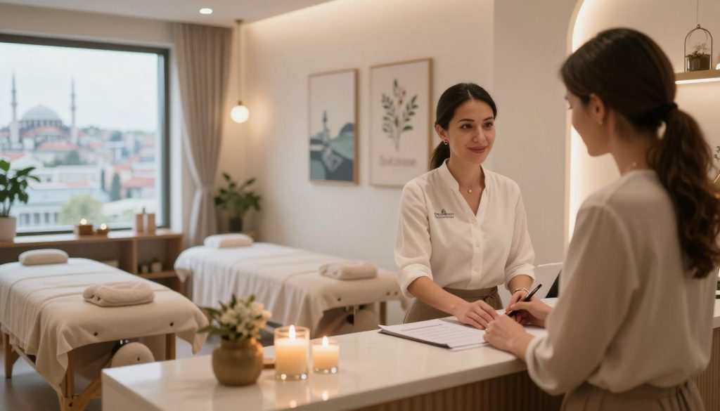 A serene, inviting scene of a modern massage studio in Istanbul, showcasing the booking process. In the foreground, a friendly receptionist dressed in professional attire assists a relaxed client at a sleek reception desk adorned with aromatic candles and soothing decor. In the middle ground, soft lighting bathes the elegantly designed space, featuring plush massage tables and tranquil artwork on the walls. In the background, a window reveals the picturesque skyline of Istanbul, with hints of its historic architecture. The atmosphere is calm and welcoming, emphasizing a sense of relaxation and professionalism. Include the brand name "Butik Massage" subtly displayed in the reception area. Use a warm, natural color palette, and capture the scene with a soft-focus lens from a slightly elevated angle, evoking tranquility and comfort in the booking process.
