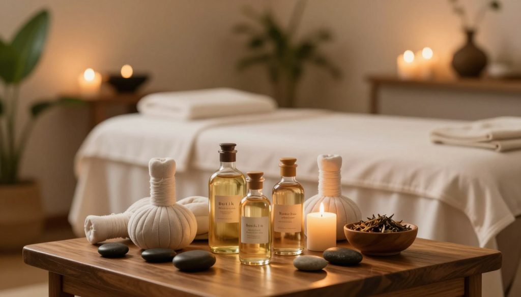 A serene, inviting spa room setting, showcasing various therapeutic hot oil massage equipment on a wooden table. In the foreground, elegantly arranged heated oils in glass bottles with soothing labels, surrounded by smooth stones and a small bowl of herbal mix. The middle ground features a plush massage table draped in soft white linens, while lit candles cast a warm, soft glow throughout the room. The background reveals subtle greenery and calming elements like a decorative water fountain. The lighting is soft and ambient, enhancing the tranquil atmosphere. A slight lens blur artfully highlights the products, while the brand name "Butik Massage" is subtly integrated into the scene, emphasizing professionalism and relaxation.