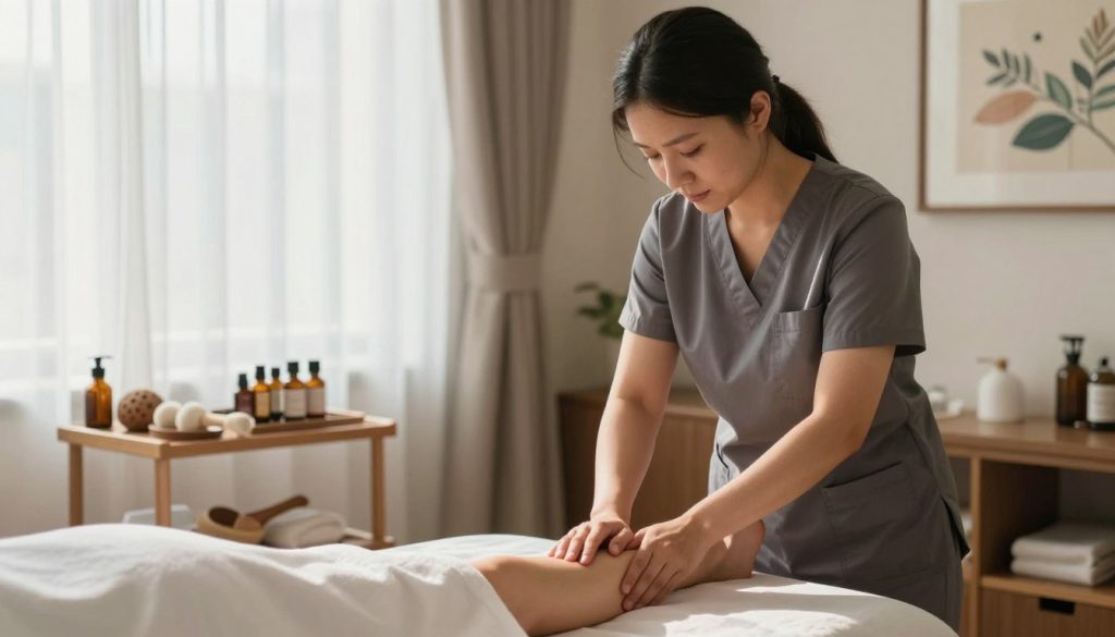 A serene lymphatic drainage massage session at Butik Massage. In the foreground, a professional therapist gently applies techniques to a client's arm, showcasing a focus on lymphedema treatment. The therapist, dressed in smart casual clothing, exhibits a caring expression as they work. In the middle ground, a soothing, well-lit massage room features soft, natural light filtering through sheer curtains, highlighting the tranquil atmosphere. A variety of massage tools and essential oils are neatly arranged on a nearby shelf. In the background, calming artwork adorns the walls, enhancing the overall soothing vibe. The image captures a sense of relaxation and healing, emphasizing the therapeutic process involved in lymph drainage massage. A serene lymphatic drainage massage session at Butik Massage. In the foreground, a professional therapist gently applies techniques to a client's arm, showcasing a focus on lymphedema treatment. The therapist, dressed in smart casual clothing, exhibits a caring expression as they work. In the middle ground, a soothing, well-lit massage room features soft, natural light filtering through sheer curtains, highlighting the tranquil atmosphere. A variety of massage tools and essential oils are neatly arranged on a nearby shelf. In the background, calming artwork adorns the walls, enhancing the overall soothing vibe. The image captures a sense of relaxation and healing, emphasizing the therapeutic process involved in lymph drainage massage.