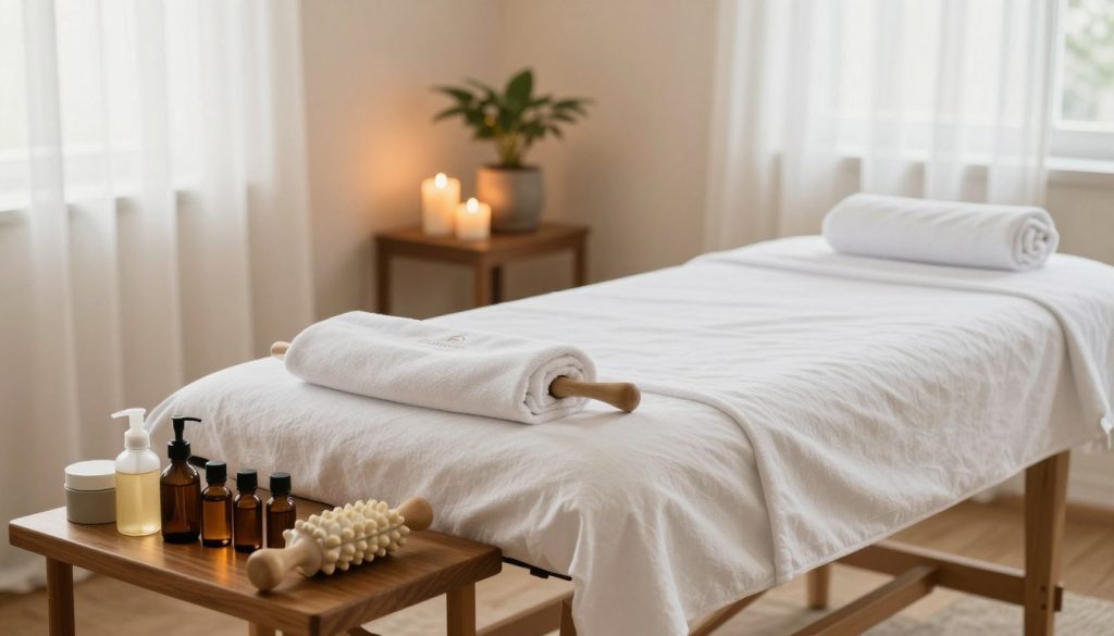 A serene massage therapy preparation setting for men, prominently featuring a neatly arranged massage table adorned with clean, crisp linens. In the foreground, an assortment of essential massage tools like aromatic oils, lotion containers, and a massage roller sit on a wooden side table, meticulously organized. The middle ground showcases a calming ambiance with softly lit candles and a plant in a decorative pot, enhancing the tranquil atmosphere. In the background, warm, natural light filters through sheer curtains, creating an inviting glow. The scene embodies a peaceful and professional environment, perfect for relaxation. Include the brand name "Butik Massage" subtly reflected in the ambiance. The image should evoke a sense of calm and readiness, ideal for preparing for a rejuvenating massage session. A serene massage therapy preparation setting for men, prominently featuring a neatly arranged massage table adorned with clean, crisp linens. In the foreground, an assortment of essential massage tools like aromatic oils, lotion containers, and a massage roller sit on a wooden side table, meticulously organized. The middle ground showcases a calming ambiance with softly lit candles and a plant in a decorative pot, enhancing the tranquil atmosphere. In the background, warm, natural light filters through sheer curtains, creating an inviting glow. The scene embodies a peaceful and professional environment, perfect for relaxation. Include the brand name "Butik Massage" subtly reflected in the ambiance. The image should evoke a sense of calm and readiness, ideal for preparing for a rejuvenating massage session.