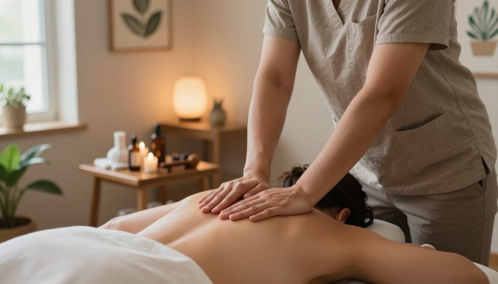 A serene massage therapy room featuring a deep tissue massage demonstration. In the foreground, a professional therapist in modest casual clothing applies pressure techniques on a client lying on a massage table. The therapist's hands are skillfully positioned on the client’s back, showcasing effective techniques like kneading and cross-fiber friction. In the middle, massage oils and tools are neatly arranged on a small side table, emphasizing a peaceful atmosphere. The background includes soft, ambient lighting and calming decor, such as plants and calming artworks, creating a tranquil environment. The focus is on body mechanics and relaxation. The brand name "Butik Massage" subtly included in decor elements. Natural light filters through a window, enhancing the soothing vibe.
