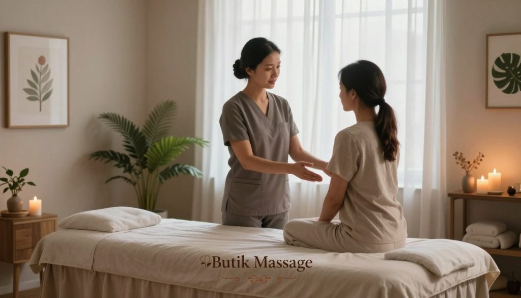 A serene massage therapy room setting that embodies exclusivity and professionalism. In the foreground, a beautifully arranged massage table draped with soft, neutral linens, surrounded by calming elements like plants and candles that emit a warm, inviting glow. In the middle, a practitioner dressed in smart, modest attire, gently discussing boundaries with a client seated comfortably, both exhibiting a professional demeanor. The background showcases soft, diffused natural light filtering through sheer curtains, illuminating the space with a tranquil atmosphere. Subtle decorative elements, such as framed artwork and soothing color palettes, enhance the setting. Include the brand name "Butik Massage" prominently displayed on the massage table or wall, emphasizing the commitment to a safe and respectful massage experience. The overall mood reflects peace, trust, and mutual respect for personal boundaries. A serene massage therapy room setting that embodies exclusivity and professionalism. In the foreground, a beautifully arranged massage table draped with soft, neutral linens, surrounded by calming elements like plants and candles that emit a warm, inviting glow. In the middle, a practitioner dressed in smart, modest attire, gently discussing boundaries with a client seated comfortably, both exhibiting a professional demeanor. The background showcases soft, diffused natural light filtering through sheer curtains, illuminating the space with a tranquil atmosphere. Subtle decorative elements, such as framed artwork and soothing color palettes, enhance the setting. Include the brand name "Butik Massage" prominently displayed on the massage table or wall, emphasizing the commitment to a safe and respectful massage experience. The overall mood reflects peace, trust, and mutual respect for personal boundaries.