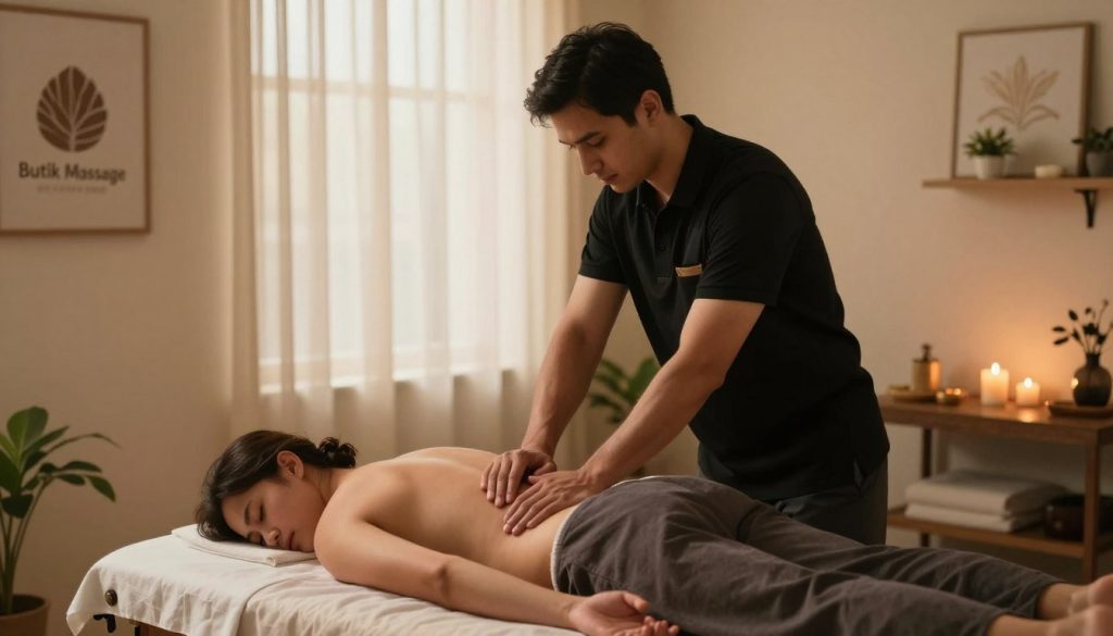 A serene massage therapy setting with a male therapist demonstrating precise pressure techniques on a client lying face down on a massage table. The therapist, dressed in a professional black polo shirt and comfortable pants, showcases his skillful hand movements using deep tissue techniques. The client appears relaxed, adorned in modest massage attire. The warmly lit room is filled with soft, ambient light filtering through sheer curtains, casting gentle shadows. In the background, calming decor elements like plants, candles, and soothing artwork create a peaceful atmosphere. The angle captures the interaction between the therapist and client, emphasizing the professional yet tranquil environment. The brand name "Butik Massage" subtly incorporated into the decor enhances the overall aesthetic, inviting viewers into the world of male massage therapy. A serene massage therapy setting with a male therapist demonstrating precise pressure techniques on a client lying face down on a massage table. The therapist, dressed in a professional black polo shirt and comfortable pants, showcases his skillful hand movements using deep tissue techniques. The client appears relaxed, adorned in modest massage attire. The warmly lit room is filled with soft, ambient light filtering through sheer curtains, casting gentle shadows. In the background, calming decor elements like plants, candles, and soothing artwork create a peaceful atmosphere. The angle captures the interaction between the therapist and client, emphasizing the professional yet tranquil environment. The brand name "Butik Massage" subtly incorporated into the decor enhances the overall aesthetic, inviting viewers into the world of male massage therapy.