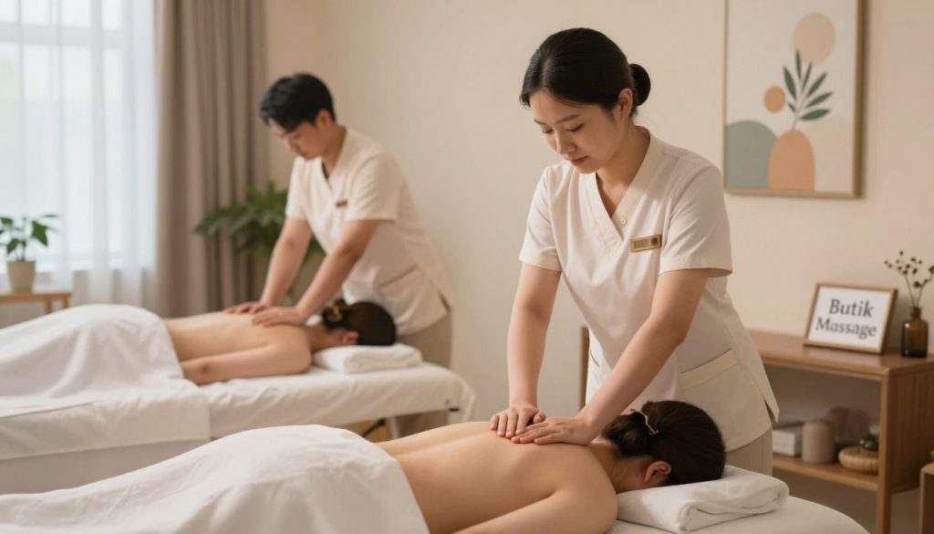 A serene massage therapy studio featuring licensed massage practitioners in professional business attire, skillfully demonstrating various massage techniques. In the foreground, a practitioner is giving a relaxing Swedish massage to a client on a massage table, while another practitioner performs a deep tissue massage in the middle ground. The background shows calming decor, including soft lighting, plants, and soothing artwork. The room is bathed in warm, natural light filtering through sheer curtains, creating a tranquil atmosphere. A subtle focus on the comforting ambiance conveys a sense of relaxation and professionalism. The branding "Butik Massage" is elegantly displayed on a small sign in the corner, enhancing the inviting vibe without dominating the scene.
