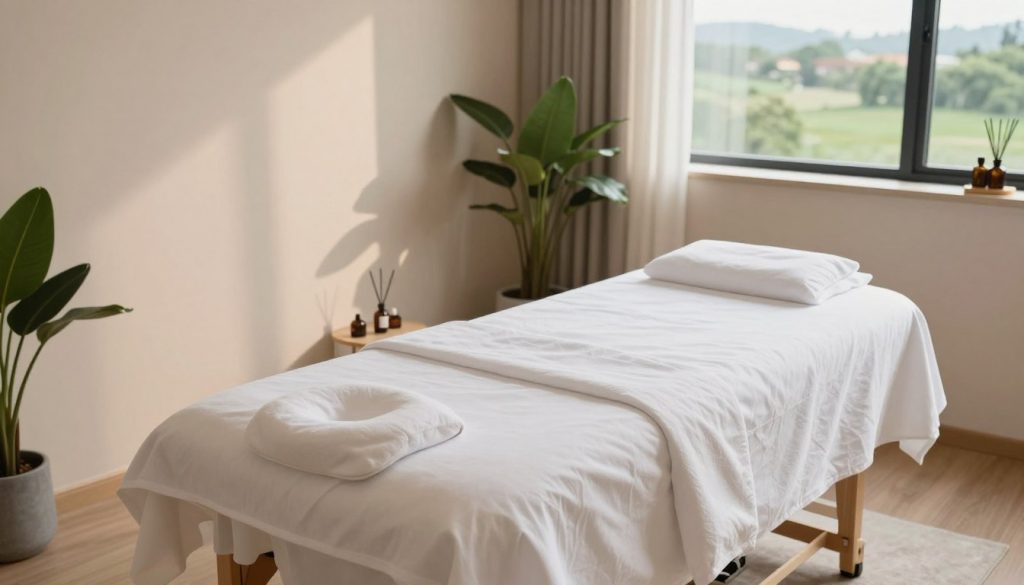 A serene office space showcasing a modern lymphatic drainage massage room from a slightly elevated angle. In the foreground, a comfortable massage table draped in fresh white linens, inviting relaxation. The middle ground features a minimalistic decor with calming colors, elegant plants, and essential oil diffusers creating a tranquil ambiance. Soft, diffused lighting enhances the soothing atmosphere, casting gentle shadows. In the background, a large window reveals a peaceful view of a green landscape. On a nearby shelf, a tasteful sign reads "Butik Massage," promoting a professional touch. The scene conveys a sense of calm and wellness, ideal for individuals searching for local lymphatic drainage massage services. A serene office space showcasing a modern lymphatic drainage massage room from a slightly elevated angle. In the foreground, a comfortable massage table draped in fresh white linens, inviting relaxation. The middle ground features a minimalistic decor with calming colors, elegant plants, and essential oil diffusers creating a tranquil ambiance. Soft, diffused lighting enhances the soothing atmosphere, casting gentle shadows. In the background, a large window reveals a peaceful view of a green landscape. On a nearby shelf, a tasteful sign reads "Butik Massage," promoting a professional touch. The scene conveys a sense of calm and wellness, ideal for individuals searching for local lymphatic drainage massage services.
