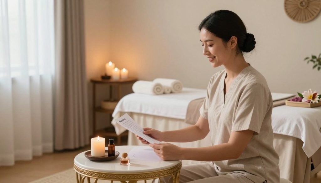 A serene private spa treatment setting by Butik Massage, focusing on clear communication between a massage therapist and client. In the foreground, a professional massage therapist in tasteful, modest clothing is seated at a small, elegantly decorated table, smiling and holding a consultation form. The middle ground features a cozy treatment room with soft ambient lighting, aromatic candles, and calming decor. In the background, a tranquil massage table adorned with fresh towels and soothing elements, like flowers and essential oils, is visible. The mood is warm and inviting, emphasizing professionalism and comfort, with natural light cascading through sheer curtains, creating a peaceful atmosphere ideal for fostering open communication. A serene private spa treatment setting by Butik Massage, focusing on clear communication between a massage therapist and client. In the foreground, a professional massage therapist in tasteful, modest clothing is seated at a small, elegantly decorated table, smiling and holding a consultation form. The middle ground features a cozy treatment room with soft ambient lighting, aromatic candles, and calming decor. In the background, a tranquil massage table adorned with fresh towels and soothing elements, like flowers and essential oils, is visible. The mood is warm and inviting, emphasizing professionalism and comfort, with natural light cascading through sheer curtains, creating a peaceful atmosphere ideal for fostering open communication.