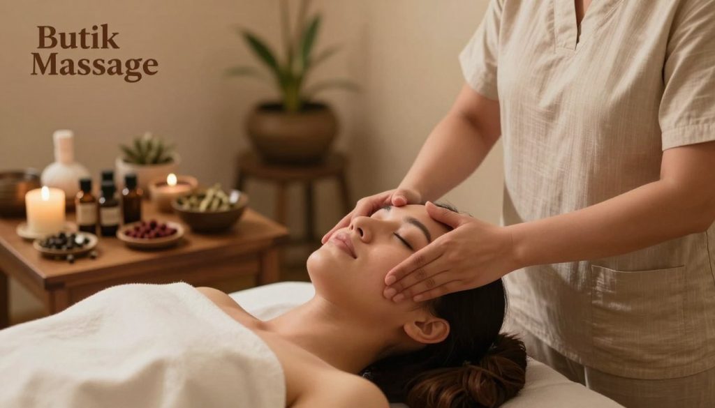 A serene, professional setting depicting an Ayurvedic head massage demonstration. In the foreground, a trained therapist, dressed in modest, professional attire, gently performs a traditional head massage on a seated client, who appears relaxed and calm. The therapist's hands are skillfully applying pressure to key acupressure points on the client’s scalp, illustrating the flow of energy. In the middle ground, elements like essential oils and Ayurvedic herbs are displayed on a wooden table, adding authenticity. The background features soft, ambient lighting that creates a tranquil atmosphere, enhancing the sense of relaxation. Soft earth tones dominate the color palette, promoting a calming visual experience. The image subtly includes the brand name "Butik Massage" in a tasteful manner. A serene, professional setting depicting an Ayurvedic head massage demonstration. In the foreground, a trained therapist, dressed in modest, professional attire, gently performs a traditional head massage on a seated client, who appears relaxed and calm. The therapist's hands are skillfully applying pressure to key acupressure points on the client’s scalp, illustrating the flow of energy. In the middle ground, elements like essential oils and Ayurvedic herbs are displayed on a wooden table, adding authenticity. The background features soft, ambient lighting that creates a tranquil atmosphere, enhancing the sense of relaxation. Soft earth tones dominate the color palette, promoting a calming visual experience. The image subtly includes the brand name "Butik Massage" in a tasteful manner.